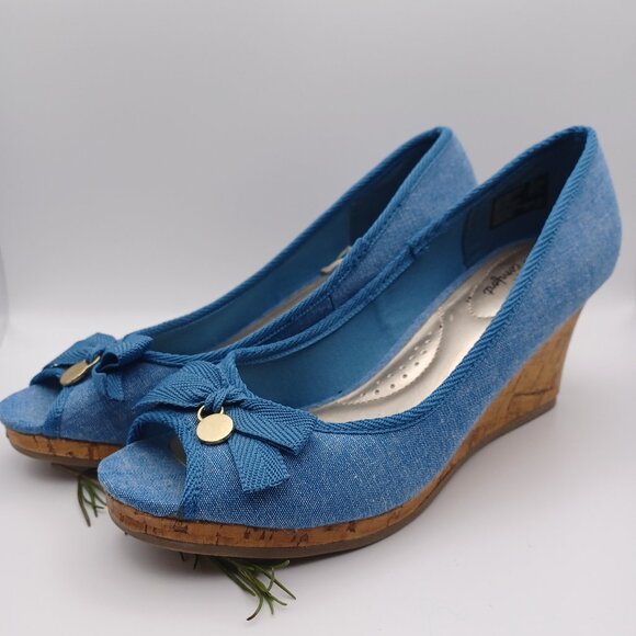 Dexflex Comfort Denim and Cork Wedge Heel Peep Toe Shoes - Picture 1 of 10